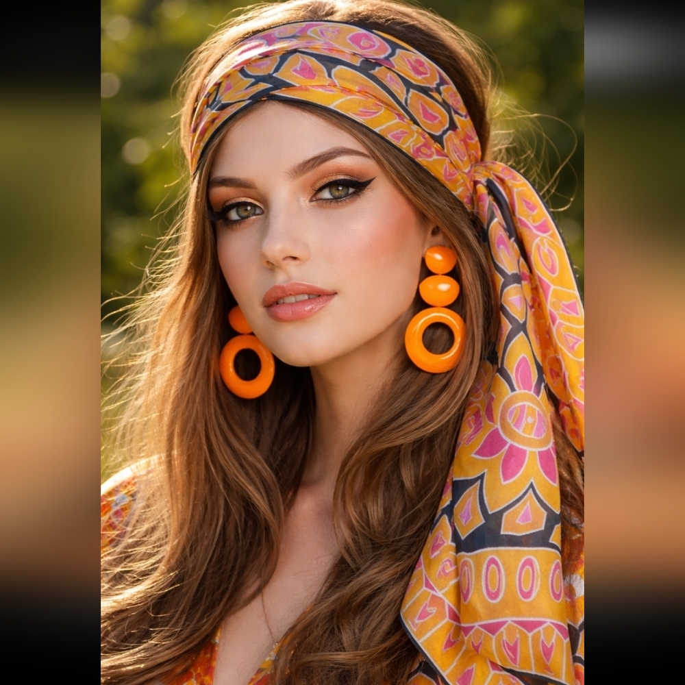 Vintage Yellow & Pink Floral Headscarf with Orange Accents